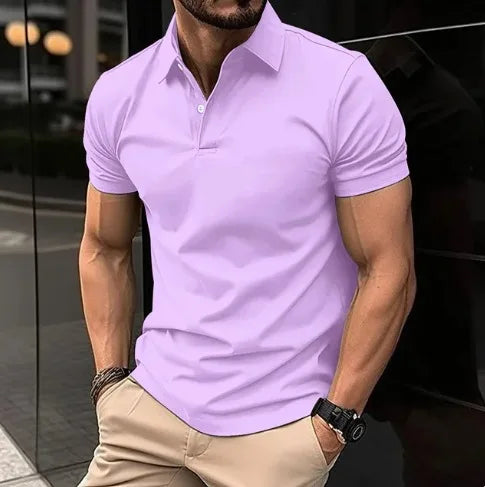 2024 New Men's Summer Casual Solid Color Button Short Sleeved T-shirt Polo Shirt With Purple Loose Collar Daily Versatile Shirt