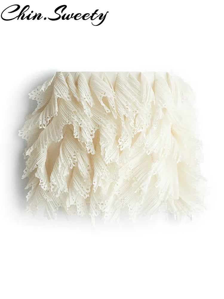 Conjunto feminino de saia e camisa urbana, gola redonda, manga comprida, botões, babados em cascata, zíperes, saias,  2025