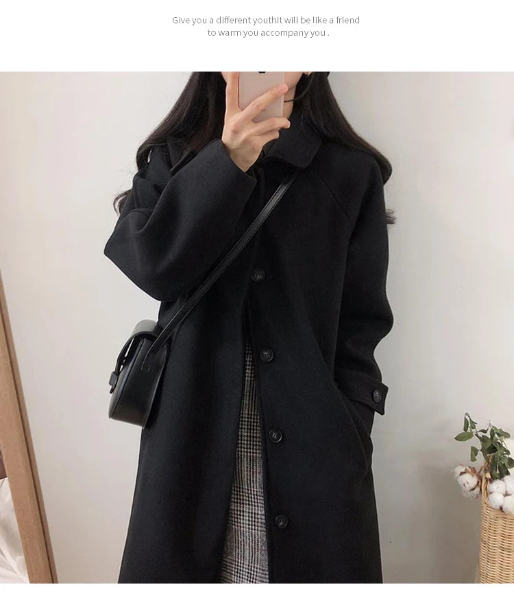 Autumn Winter Korean Style Loose Woolen Coat 2025 Slimming Knee-Length Tweed Women's Mid-Length Elegant Outerwear