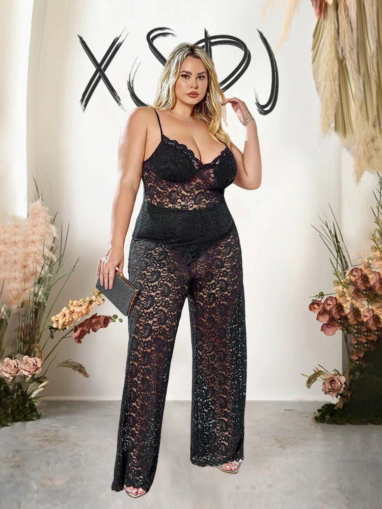 One Piece Jumpsuit for Plus Size Women Summer Spaghetti Strap Sexy Transparent Lace Jumpsuit Straight Pant Hollow Out Jumpsuit