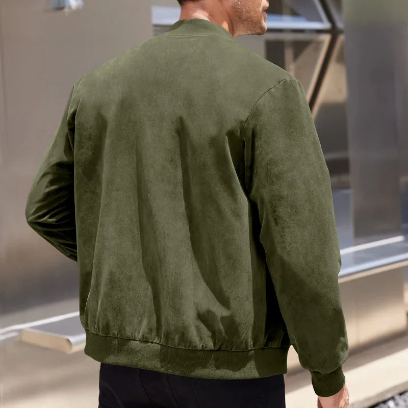 Men's Business Casual Suede Jacket Zipper Collar Warm Sporty Outerwear Polyester Fabric Long Sleeve round Hem Knitted Sleeve