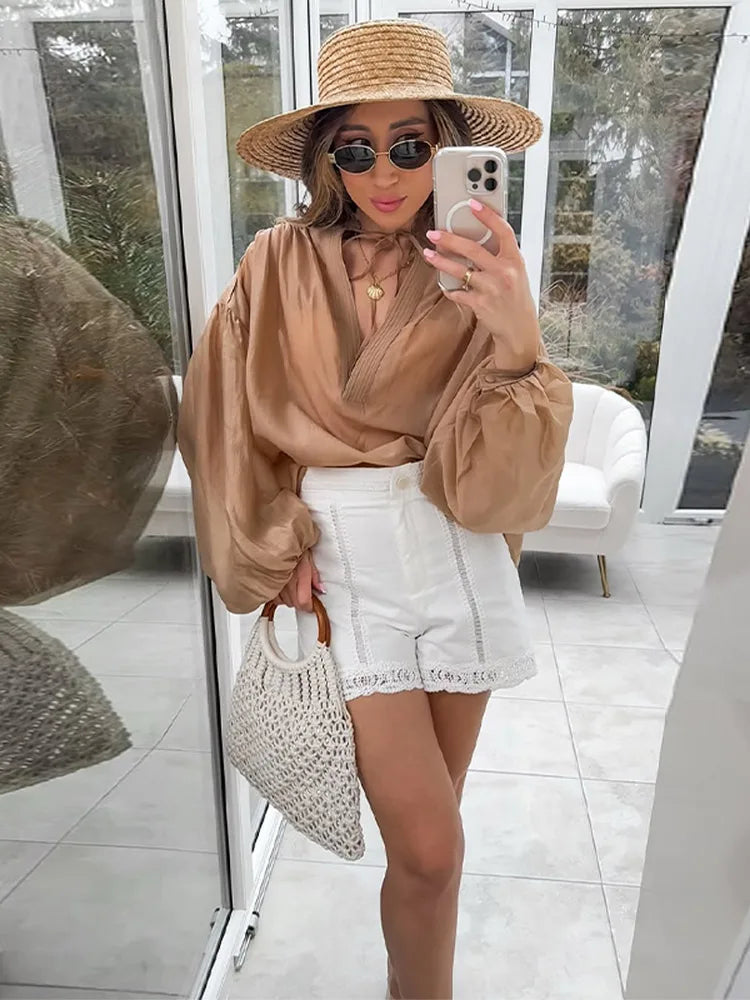 Camisa feminina elegante e solta, com cadarço, gola redonda, manga lanterna, camiseta feminina, primavera/verão 2025, moda urbana, tops femininos emendados