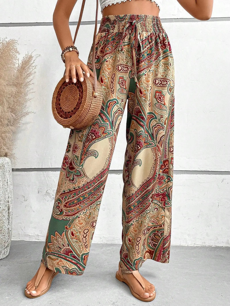 Calças de cintura alta com estampa da moda, pernas largas, primavera-verão, roupas femininas, calças casuais soltas, faixas elásticas, estilo boho, calças de praia