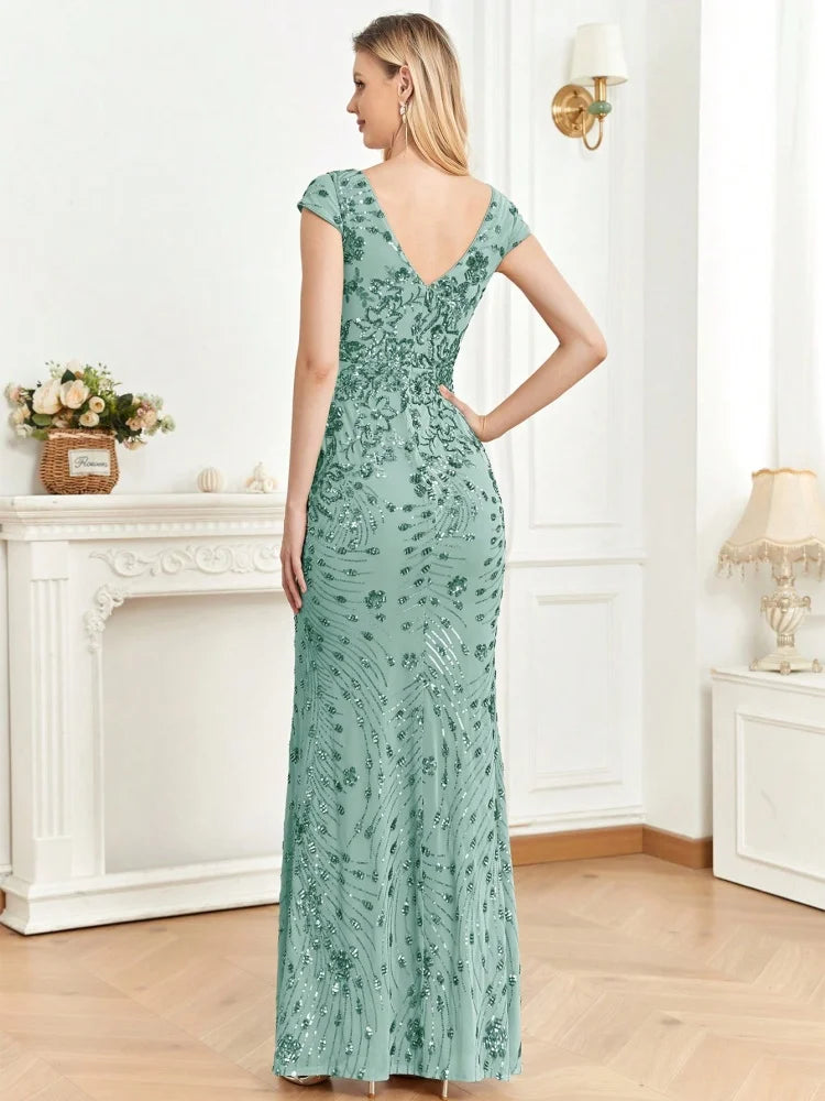BLUEPLUM New Elegant Green SequinS Evening Dress Women Long Luxury Mermaid Formal Deep V-neck Prom Luxury Wedding Party Gowns