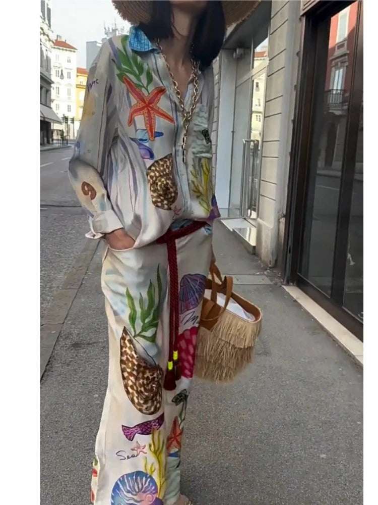 Bohemia Satin Print Loose Pants Sets Women Causal Long Sleeve Shirts Two Piece Sets Female Beach Summer Outfits Streetwear