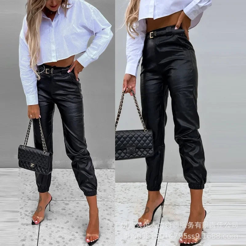 Calça Mandylandy Preta com Amarração no Tornozelo em PU para Mulheres Verão Calça Lápis de Couro Cintura Média Streetwear Preta Casual Bolsos Calça de PU