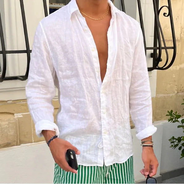 Breathable and Comfortable Pure Cotton Long Sleeved Shirt Summer Thin Cut Lapel Solid Color Versatile Beach Shirt