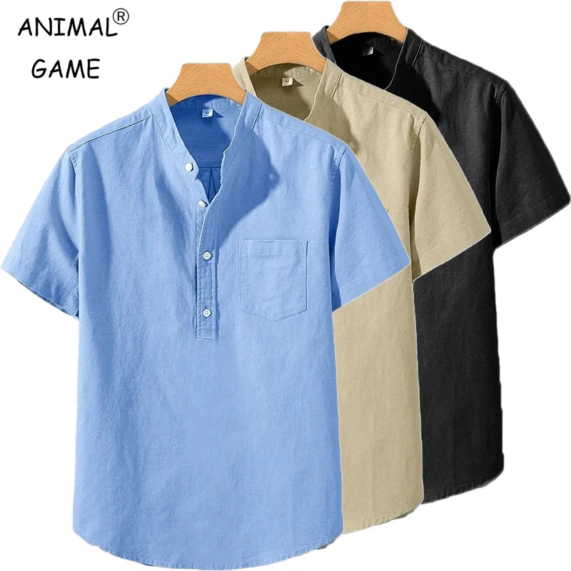 Camisetas de manga curta, cor sólida, gola alta, moda verão, respirável, solta, básica, algodão, bolso, top