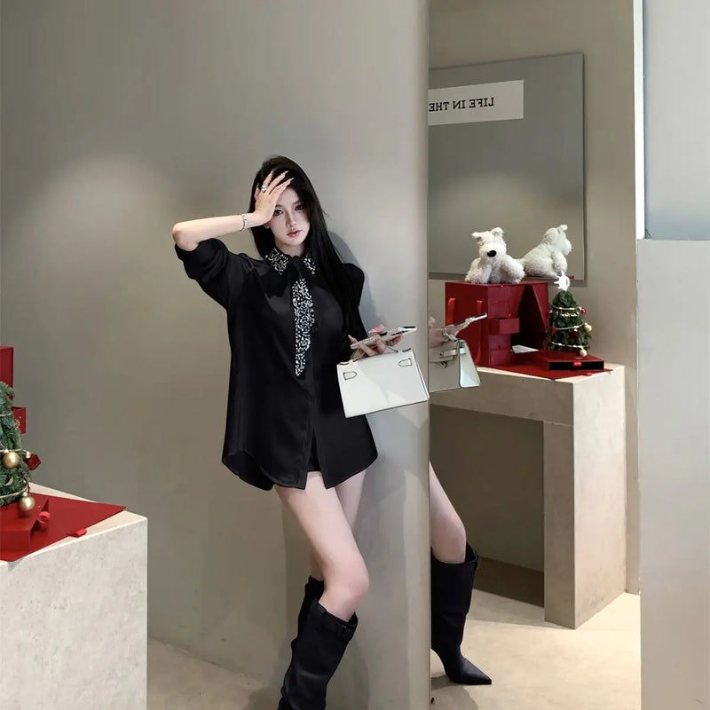 Camisas de cetim com gravata diamantes para mulheres, blusas soltas de manga comprida com lapela e lapela, elegantes francesas, para combinar com todas as mulheres, primavera 2025