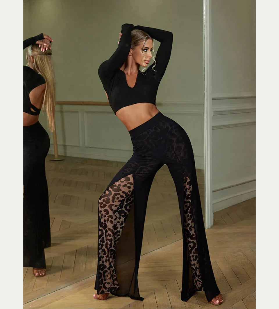 Roupas de dança latina para treinamento, performance, sexy, malha, estampa de leopardo, calças de dança, calças de tiro alto, femininas, roupa de dança, palco moderno