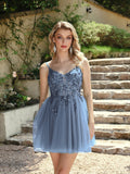 Dusty Blue Tulle Prom Dresses Long 2025 Appliqued Beaded A Line Slit Women Evening Gowns Elegant Dress For Wedding Party