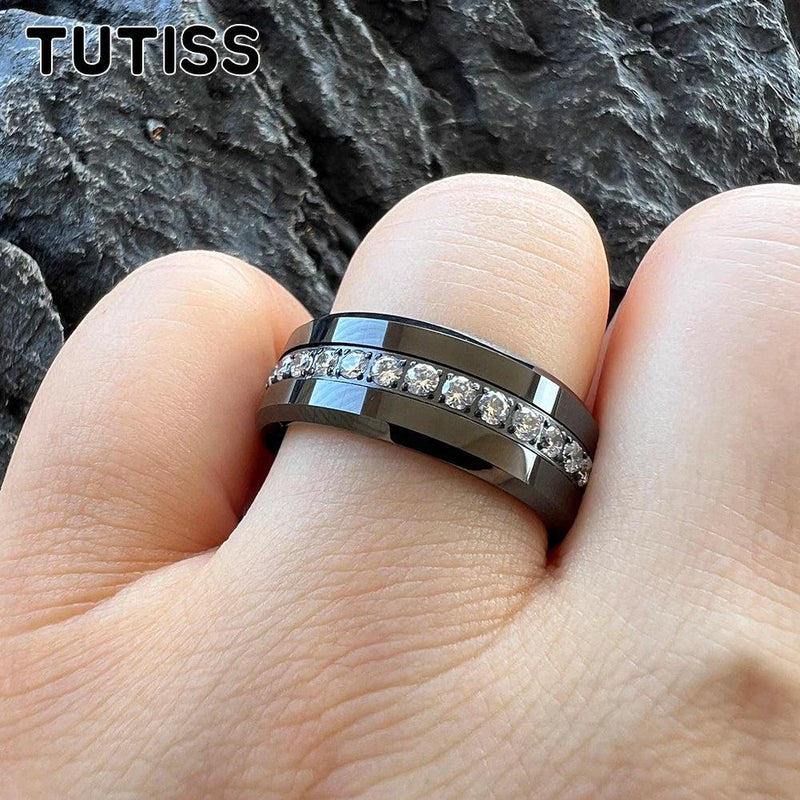 TUTISS 8mm CZ Stone Inlay Beveled Edges Black Tungsten Ring for Men Women Eternity Fashion Engagement Wedding Band - CRAVO ROSE