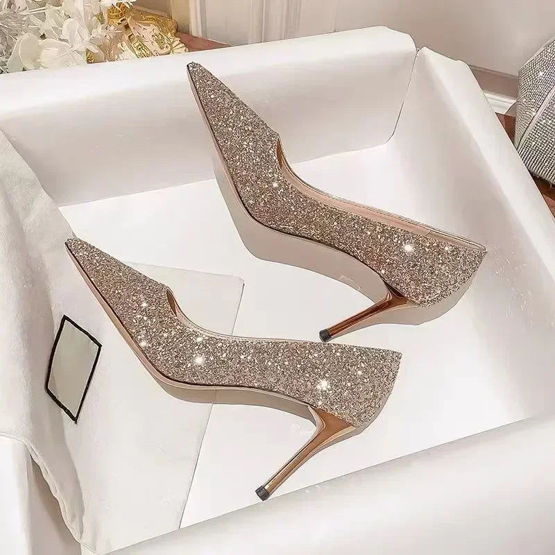 Sapatos de salto alto femininos dourados para casamento, saltos de noiva, sandálias de festa elegantes de grife, vestido, banquete, lantejoulas, sandálias de tacón