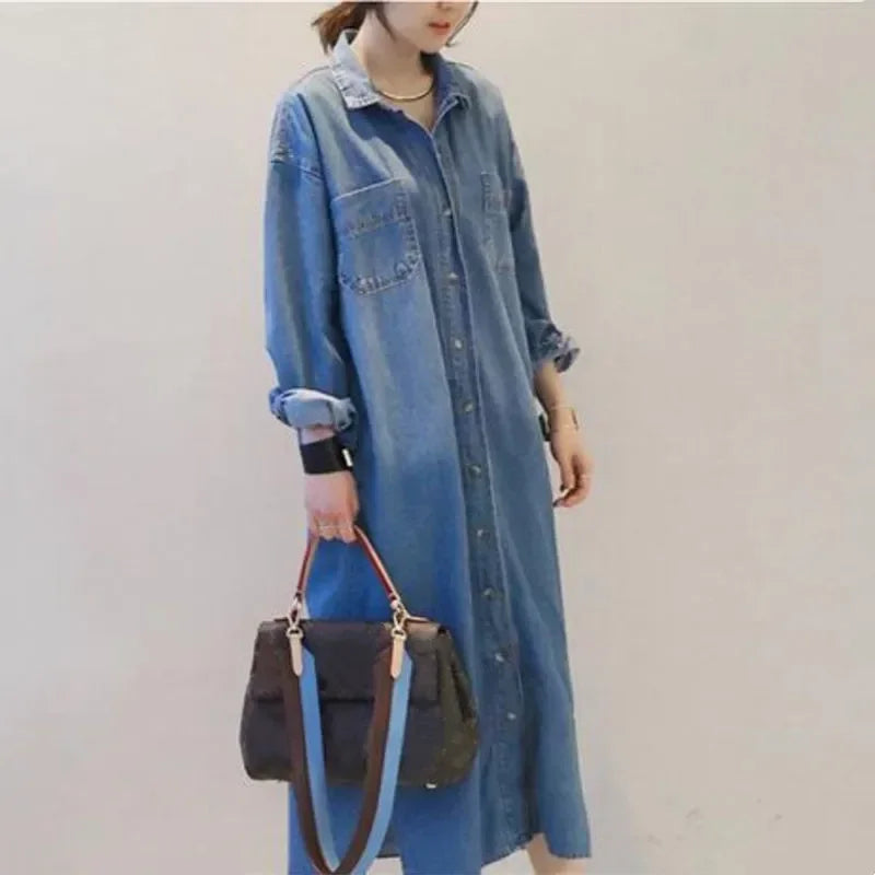 New Spring Denim Dress Women Clothing Loose Long Sleeve Shirt Dress Female Vintage Single-breasted Maxi Denim Dresses Q5664