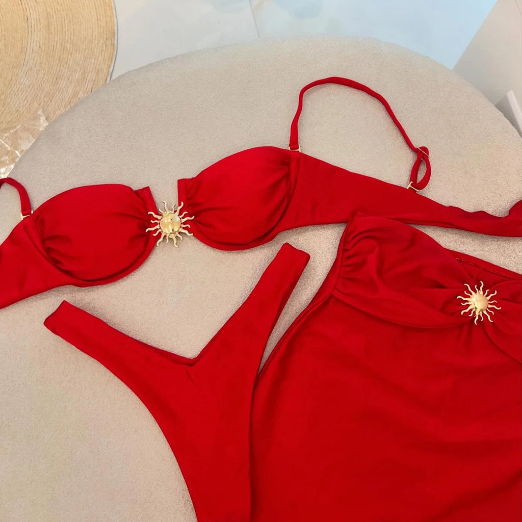 Biquíni push up de 3 peças, traje de banho, conjunto de biquíni sexy, traje de banho, saia saídas de praia