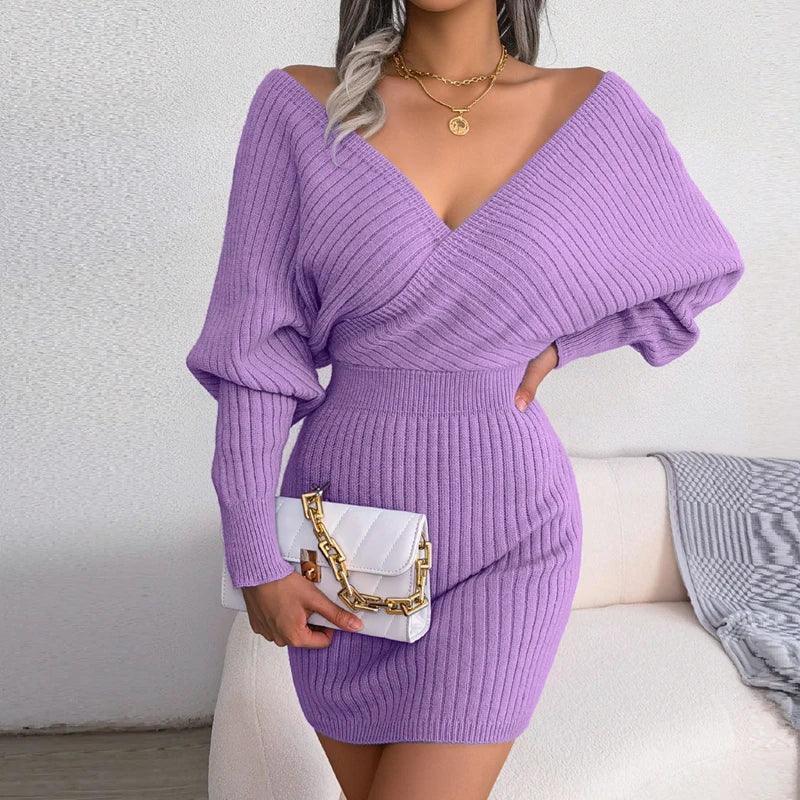 New In Mini Dress For Women 2022 Sexy Cross V-neck Solid Colors Lift Hip Evening Party Dresses Long Sleeve Skirt Sweater Dresses - CRAVO ROSE