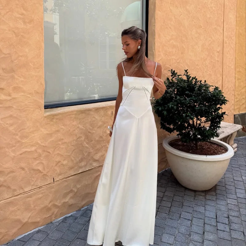 Elegant Lace Up Solid Camisole Maxi Dresses Fashion New Contrasting Cropped Long Gown 2025 New Female Party Beach Evening Robes