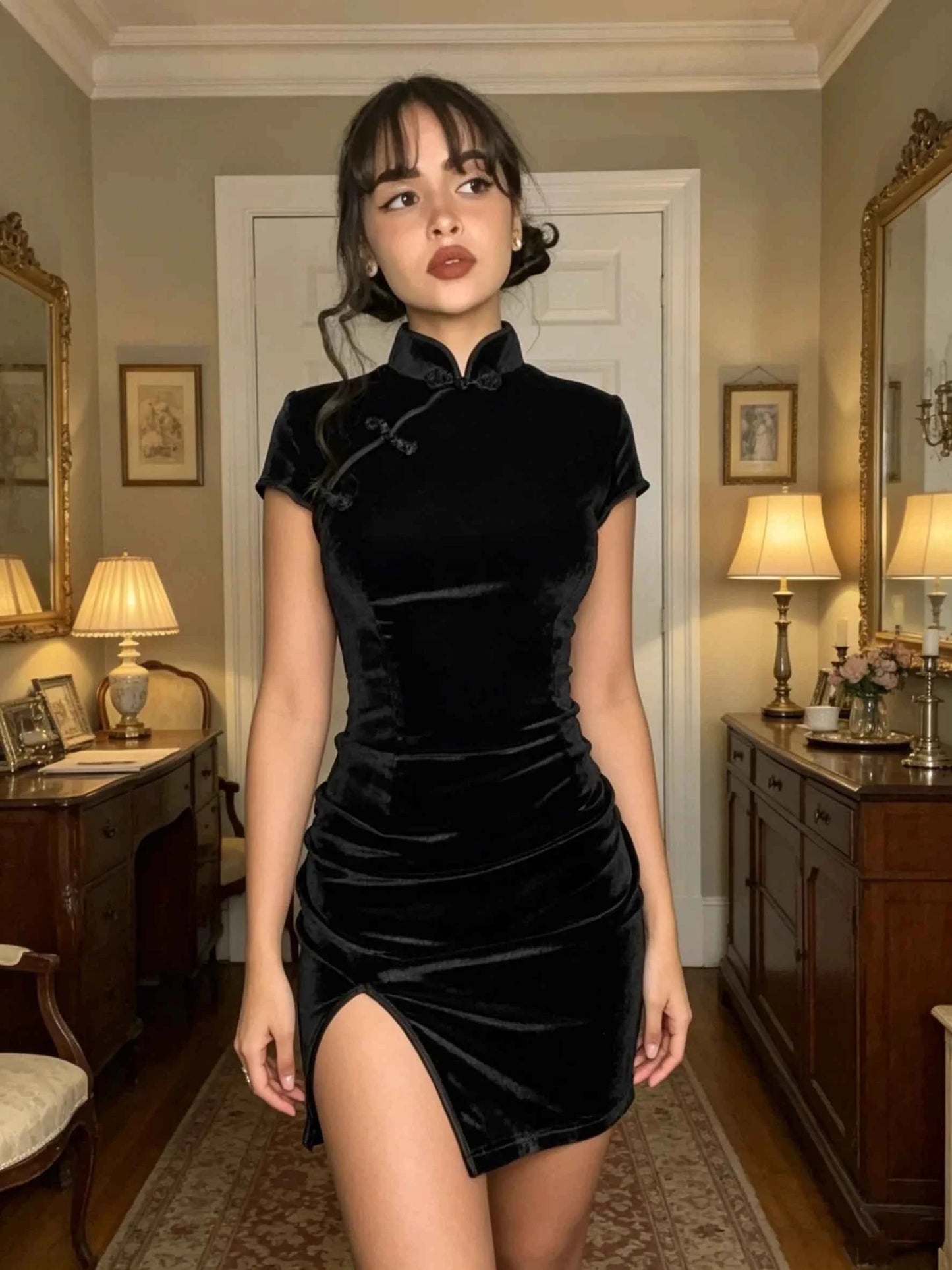 Spring and summer new style elegant and high-end sexy slim fit high neck buckle solid color slit dress