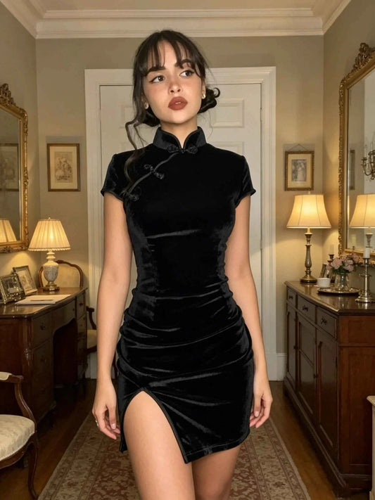 Spring and summer new style elegant and high-end sexy slim fit high neck buckle solid color slit dress