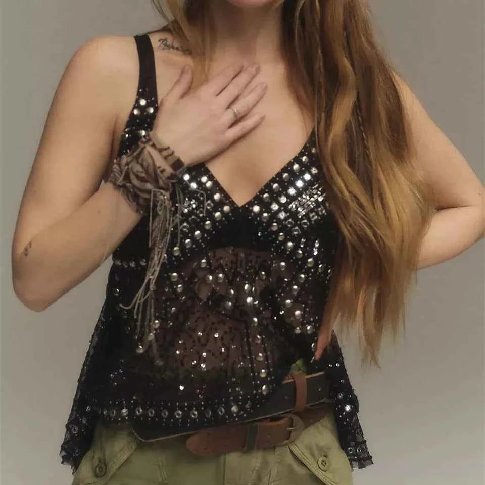 hirigin Women Y2K Sequin Mesh Tank Top Glitter Floral Embroidered Cami Crop Top Coquette Sleeveless Backless Rhinestone Camisole