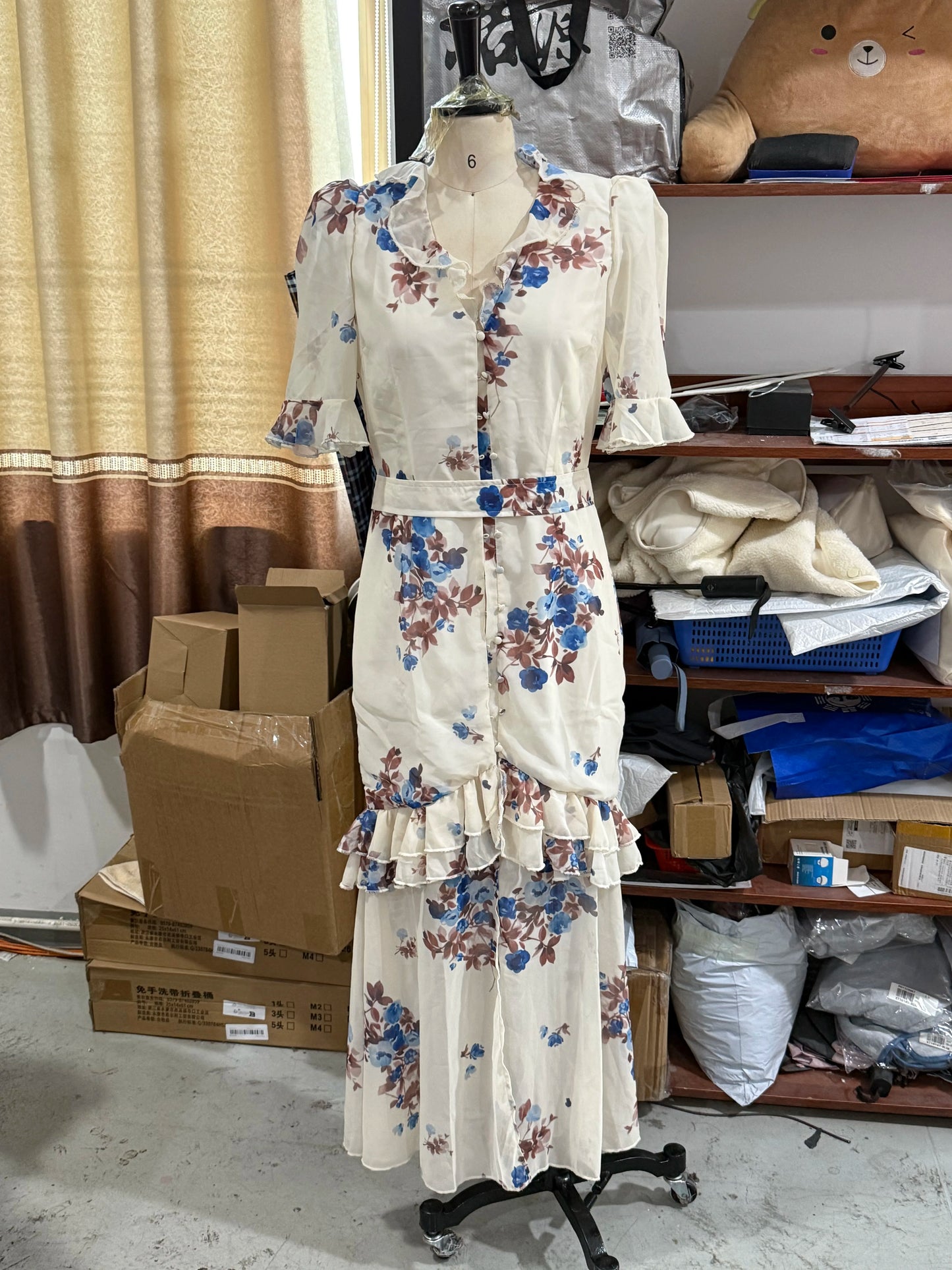 Women White Floral Print Maxi Dress V Neck Puff Sleeve Peplum Waist Fishtail Hem Chiffon Robe Elegant Party Wedding Guest Gown