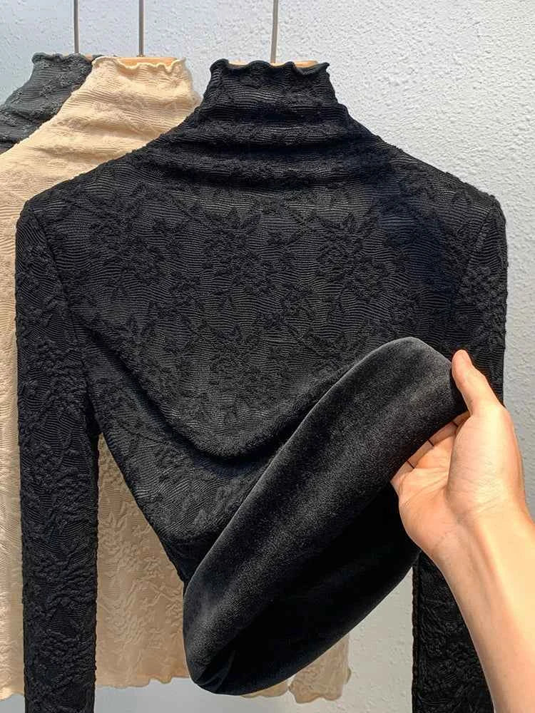 Women's Fleece Lined Lace Base Shirt Half High Collar Inner Wear Autumn Winter Warm plus Size Fat MM Top Commute Style Slim Fit