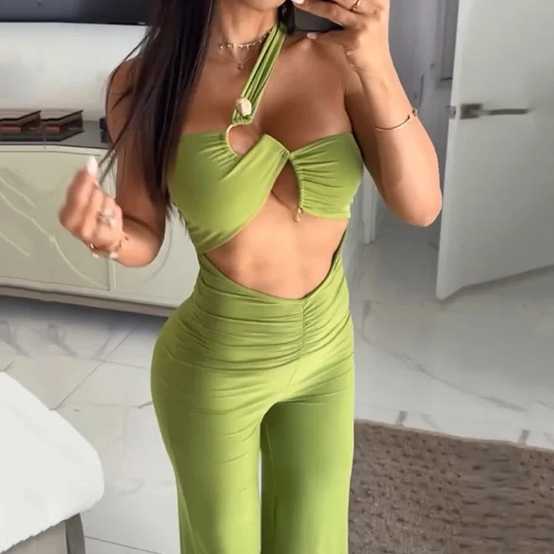 Wefads Macacão Feminino de Verão Sexy Moda Sólida Sem Mangas Irregular Oco Costas Sem Costas Cintura Fina Macacão Slim