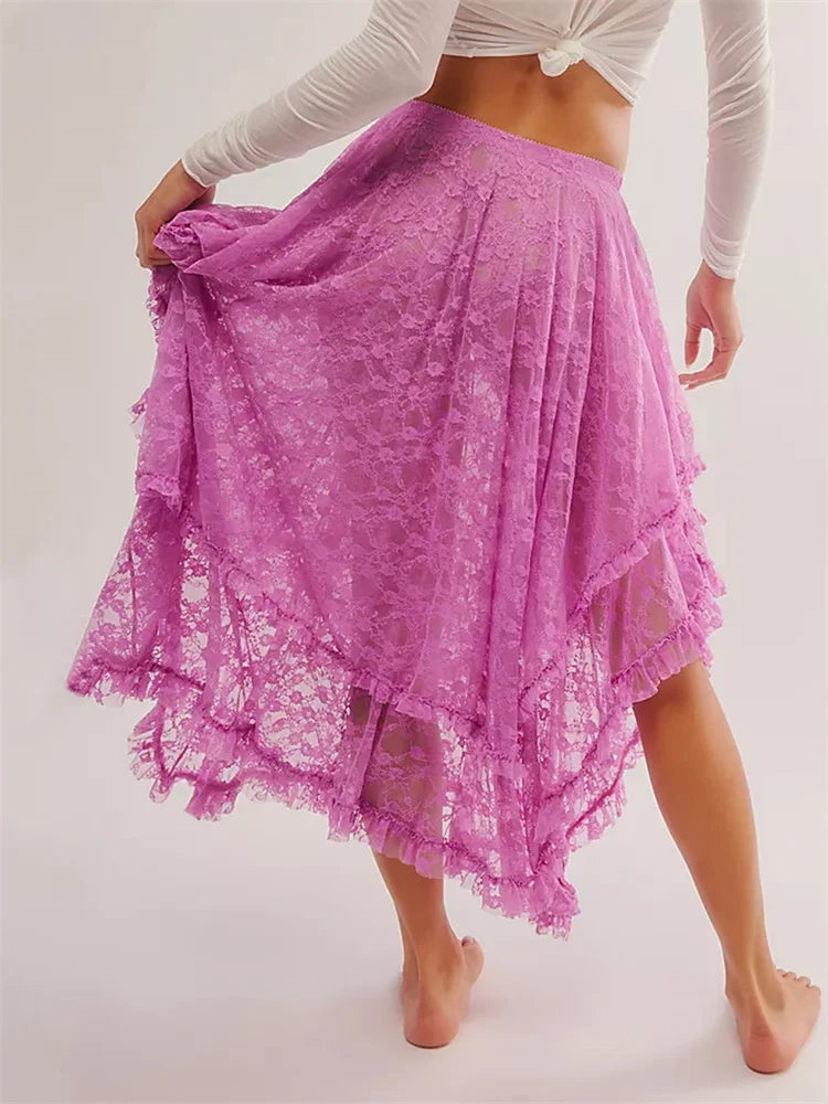 Saias longas femininas de renda, casuais, bainha irregular, camadas, babados, cintura elástica,urbana