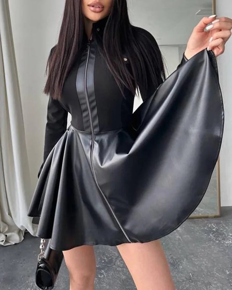 Women Long Sleeve Zipper Pocket Large Hem Faux Leather Mini Dress Women's Clothing Elegant Fashion PU Ruched Party Dress vestido