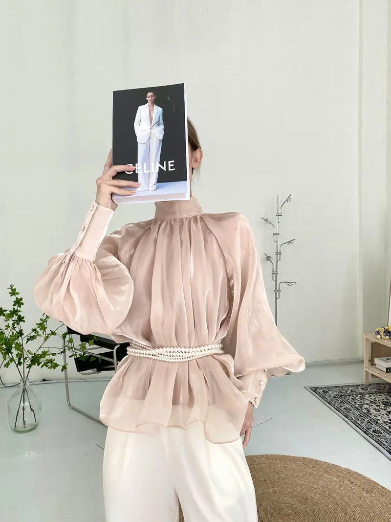 Camisas Manga Lanterna Gola Alta Sólida Casual Vintage Elegante Temperamento Manga Comprida