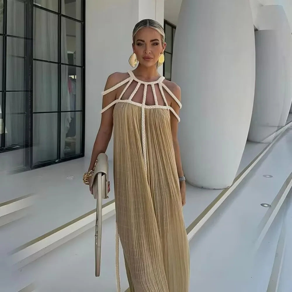 Green Bohemia Holiday Dress Women Elegant Solid Casual Loose Long Dresses Summer Sexy 2 Side Split Backless Beach Dress 2024