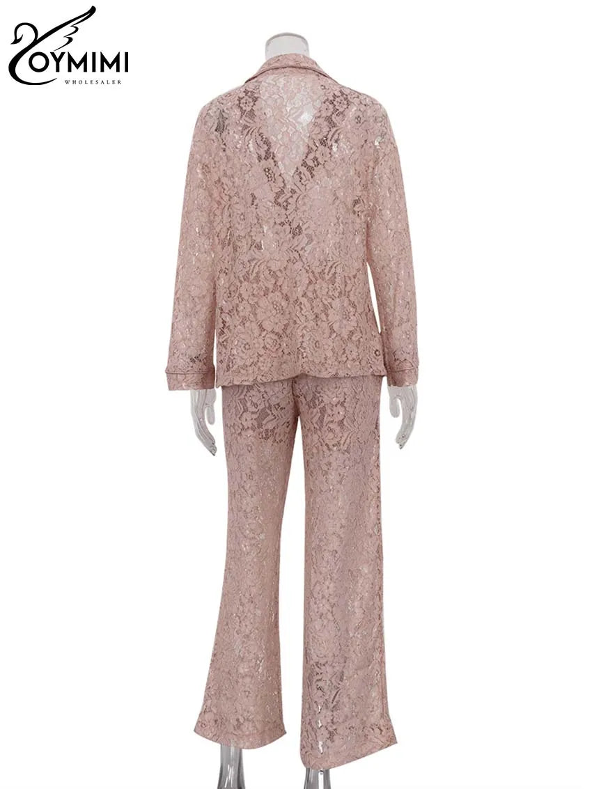 Oymimi Summer Pink Perspective Sets Womens 2 Piece Casual Long Sleeve Button Shirts And High Waist Straight Trousers Female Sets