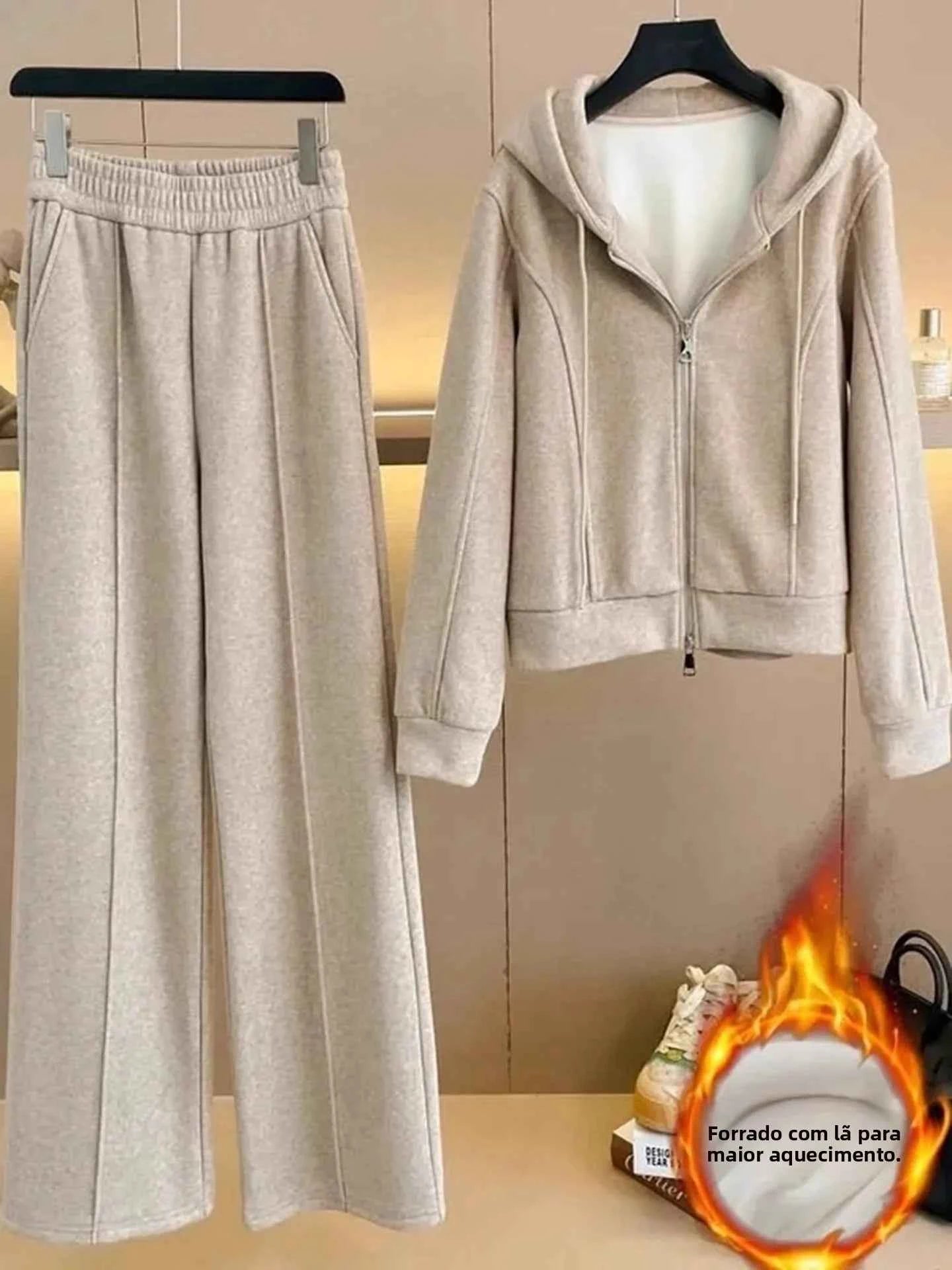 Women's Fleece Lined Thick Casual Sports Suit Set Hoodie Jacket Wide Leg Pants Two Piece Set Autumn Winter Fashion New Style