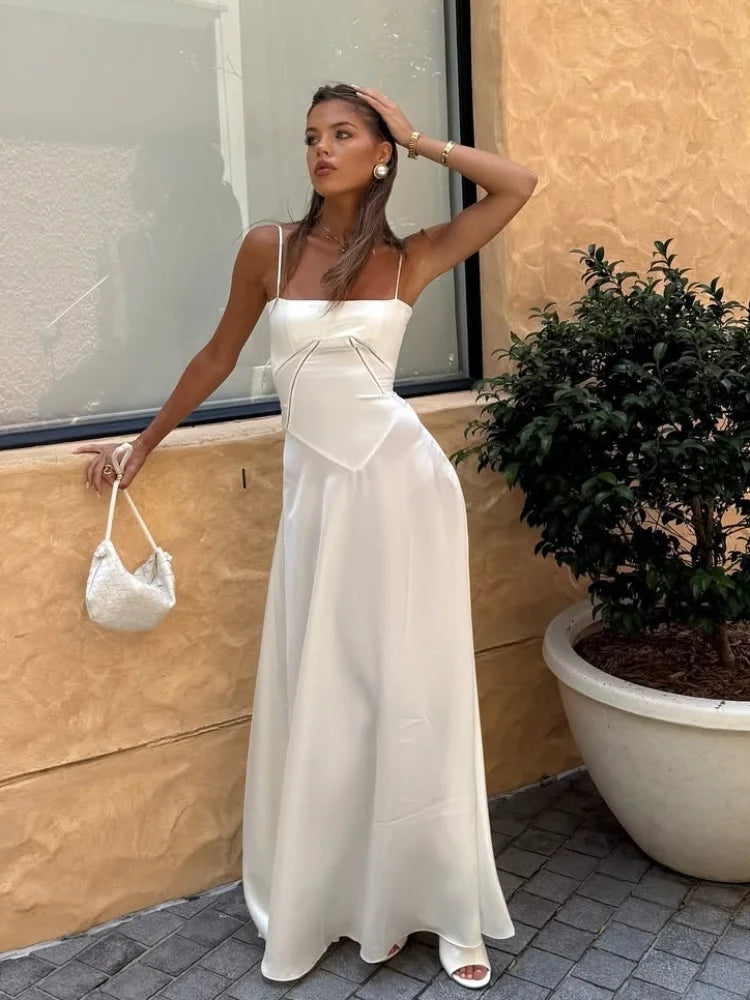 Elegant Lace Up Solid Camisole Maxi Dresses Fashion New Contrasting Cropped Long Gown 2025 New Female Party Beach Evening Robes