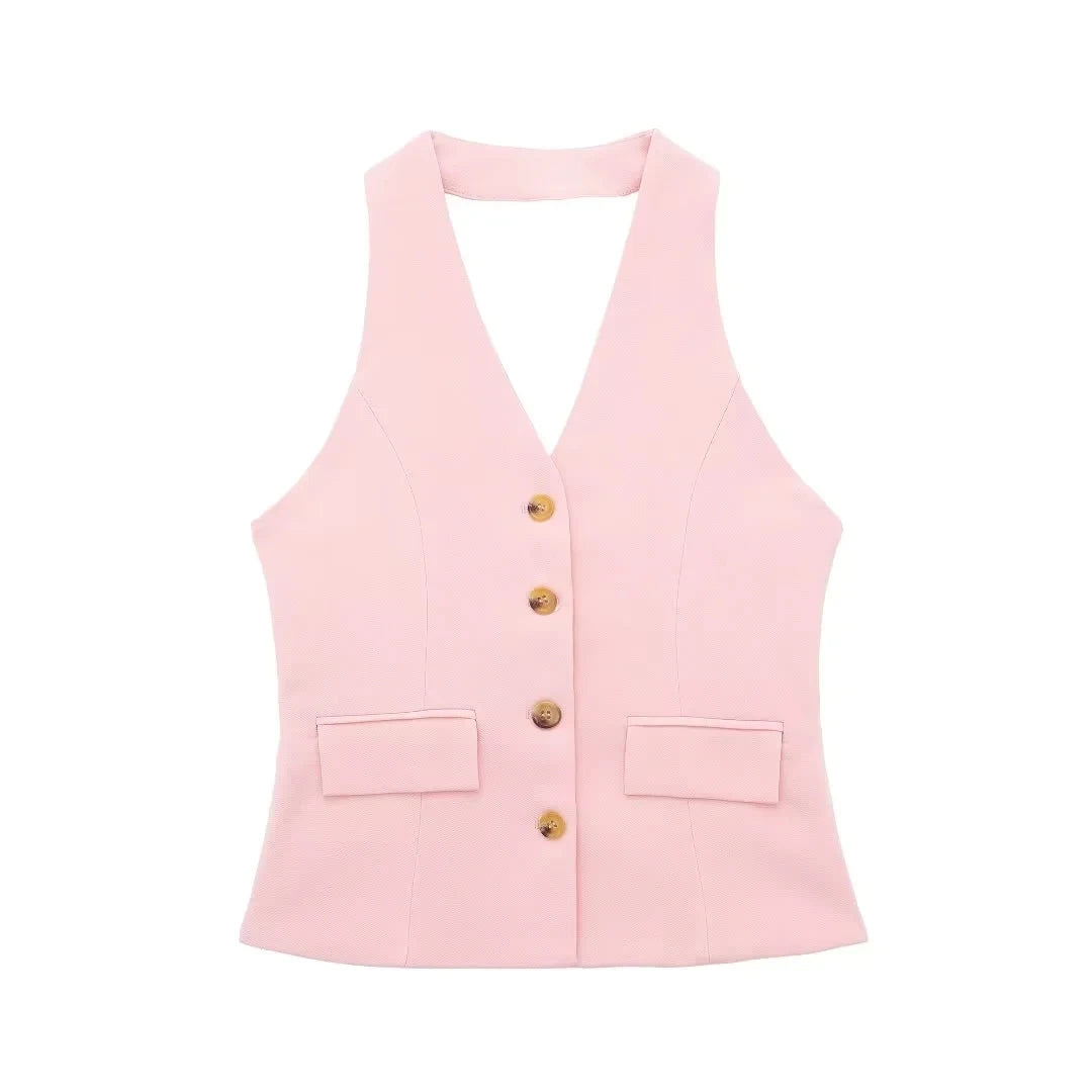 HH Pant Sets For Women Fashion Yellow Backless Button Halter Crop Vest Top Straight Trousers Elegant Office Lady Suit