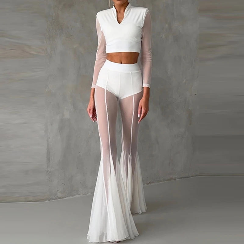 Women's Casual Patchwork Pleated Flared Pants Perspective Mesh Slim Trousers New 2025 Summer Elastic High Waist Club Long Pants