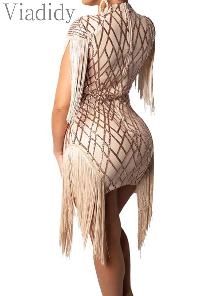 Women Fashion Elegant Sequins Tassels Mini Bodycon Party Dress