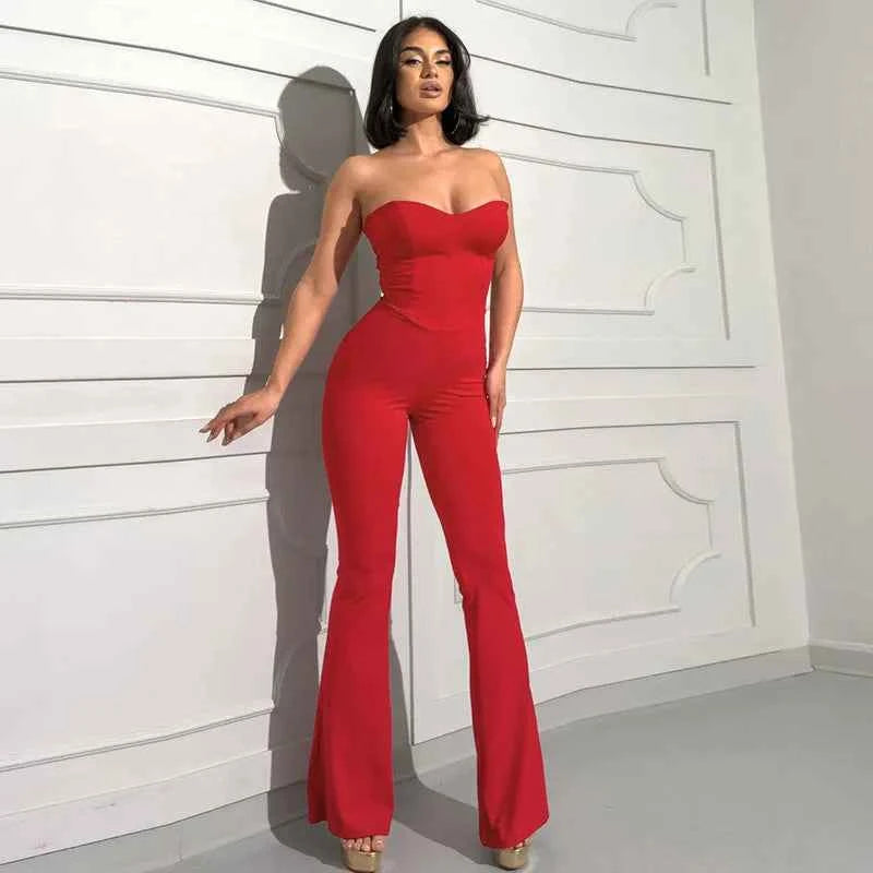 2025 Summer Women's Solid Color Back Strap Strapless Strapless Open Shoulder Tight Micro Flared Pants Jumpsuit