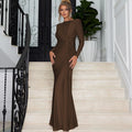 Ladies Autumn Elegant Evening Party Dress Women Long Sleeve O-Neck Ruched Fashion Maxi Dresses Night Club Streetwear Fall Outfit