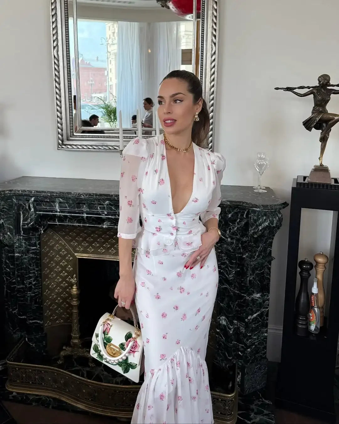 Women White Floral Print Maxi Dress V Neck Puff Sleeve Peplum Waist Fishtail Hem Chiffon Robe Elegant Party Wedding Guest Gown