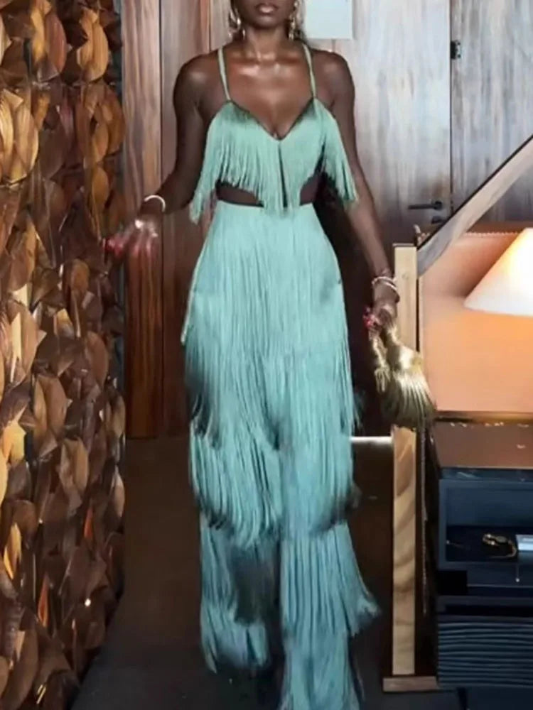 Women's Outfits Tassel Design Hollow Out Party Suit Sexy Backless Slim Fit Two Piece Set Low Cut V-neck Bra Top with Long Pants