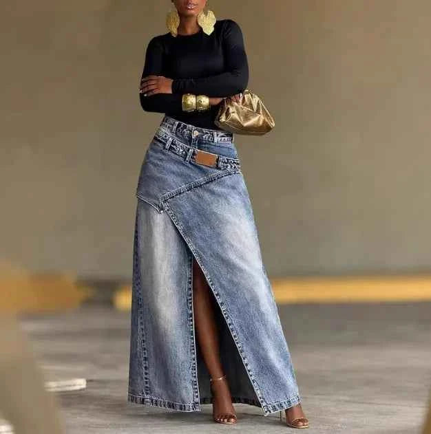 Skirt for Women 2026 Spring Autumn New Solid Color High Waisted Irregular Slit Streetwear Casual Denim A-Line Long Skirt
