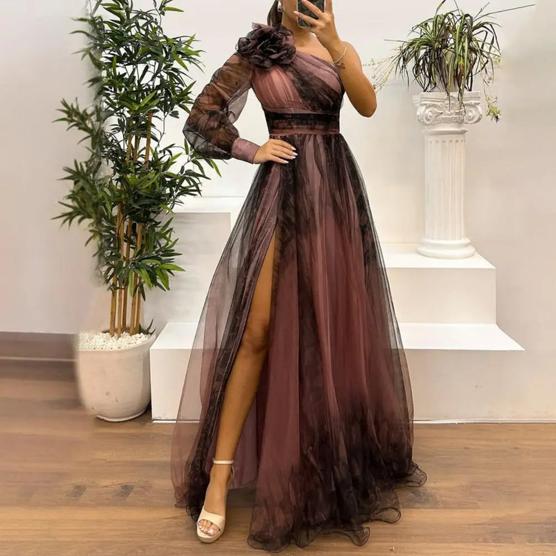 Cocktail Party Dress Elegant One Shoulder Evening Gown with 3d Flower Decor Pleated Mesh Detail Women's Banquet for Special