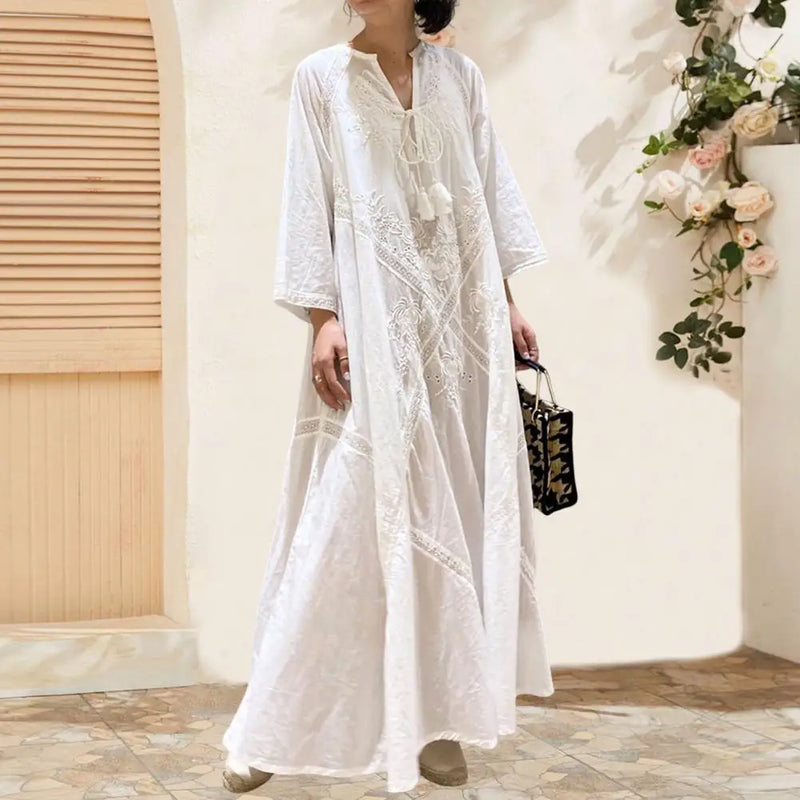 Elegante Vestido de Camisa Sólida Feminino Primavera Vestido de Verão Reto Vestidos Longos Manga Lanterna Maxi Vestidos Feminino Decote Em V Robe