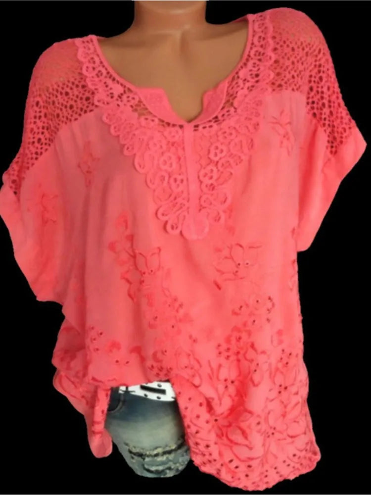 Blusas e tops femininos de manga curta da moda verão, camisa solta de renda branca patchwork 6xl, tops femininos, roupas casuais