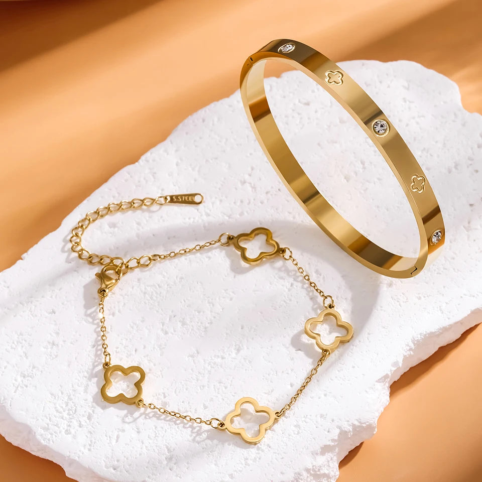 2Pcs Women's Lucky Clover And Heart Bracelet Set Stainless Steel Shiny Zircon Charm Party Jewelry Gift
