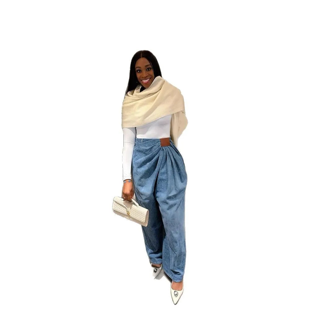 Women Wide Leg Pants Jeans Washed High Waist Folds Distressed Denims Spring 2026 Vintage Female Trousers Streetwear Floor Length