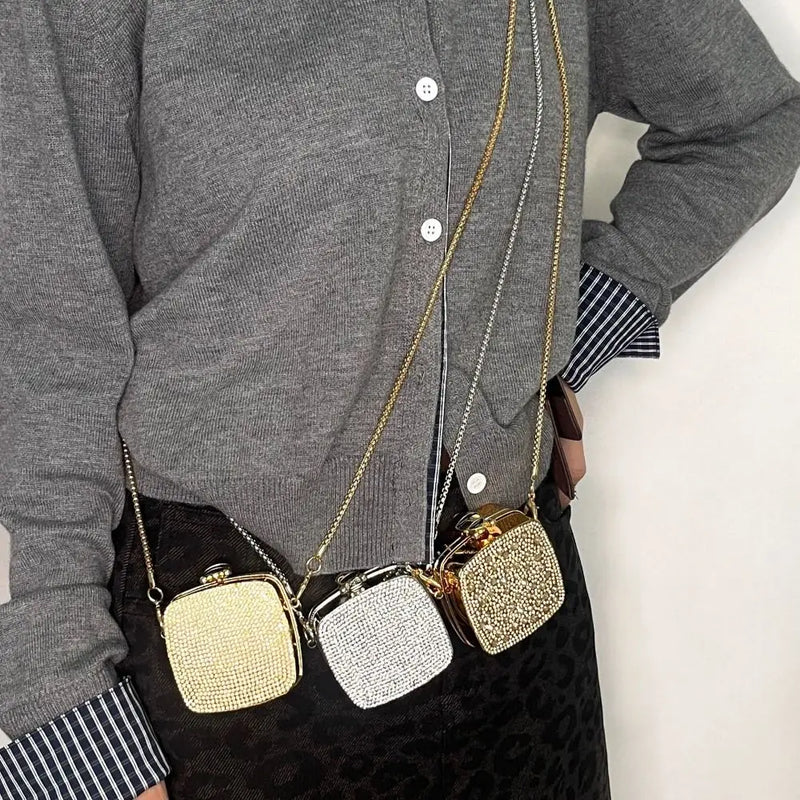 Detachable Long Chain Rhinestone Inlay Clutch Bag Lightweight Waterproof Crystal Glitter Purse Small Capacity Glitter