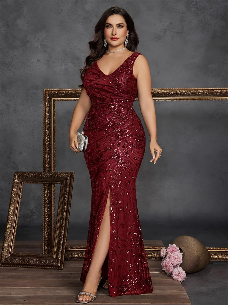 BLUEPLUM Plus Size Elegant Slit Evening Dress 2025 Long Mermaid Formal Sequins Sexy V-neck Caicktail Wedding Party Prom Gowns