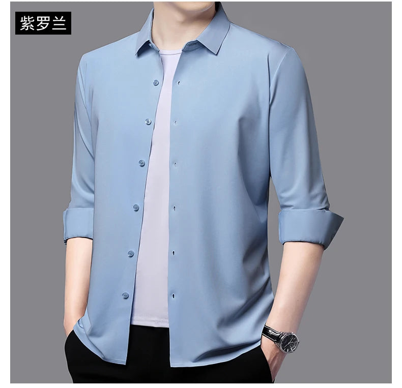 Camisa masculina premium ultraelástica - Camisa formal de manga comprida de seda de alta qualidade para uso social e casual
